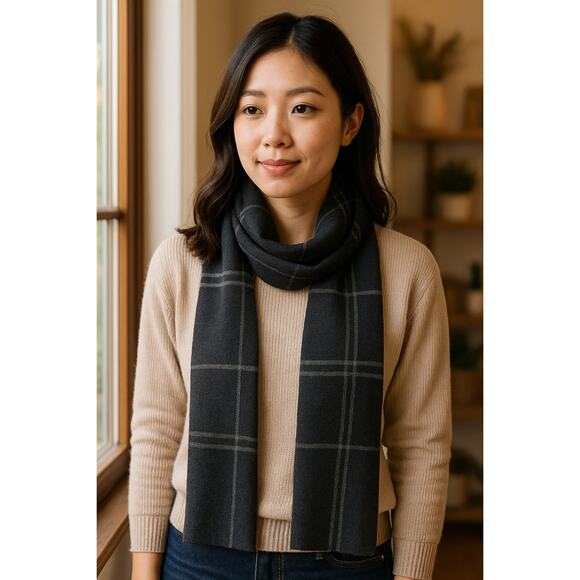 Bleu Nero New York Gray Plaid Viscose Scarf Cozycore Minimalist Winter Quietlux - Picture 4 of 8